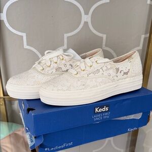 Keds Cream Lace Sneakers with Gold Accents